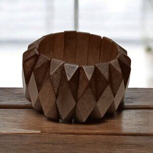 Vintage Chunky Wooden Geometric Stretch Bracelet Unsigned Designer 1.75" Wide